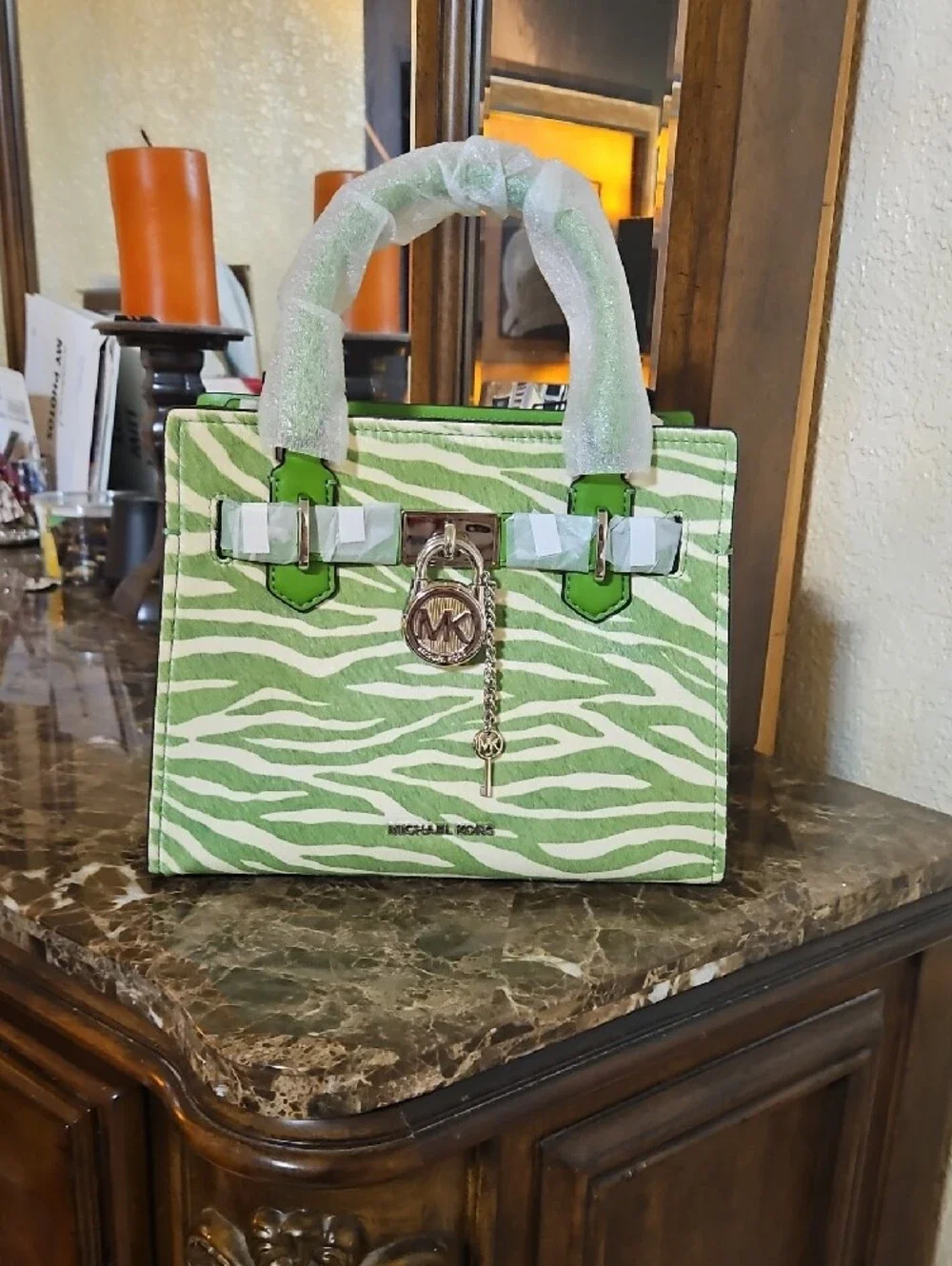 New Michael Kors Green & White Zebra-Print Leather Satchel
